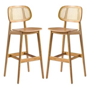 Romney Natural Rattan Natural Oak Wooden Bar Stools In Pair