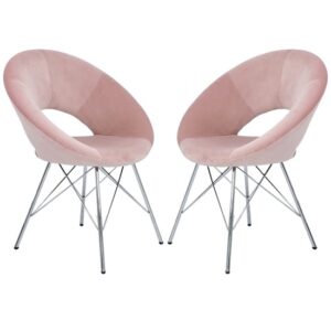 Orem Pink Velvet Dining Chairs With Chrome Metal Legs In Pair