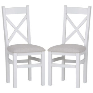 Elkin Cross White Wooden Dining Chairs With Fabric Seat In Pair