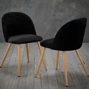 Vinos Black Velvet Dining Chairs With Oak Metal Legs In Pair