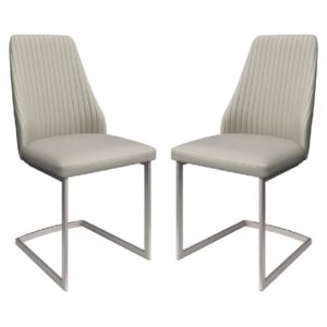 Madrid Light Grey Leather Dining Chairs With Steel Legs In Pair