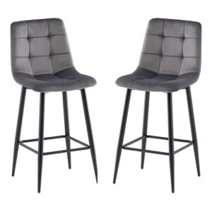 Belva Grey Velvet Fabric Counter Bar Stools In Pair