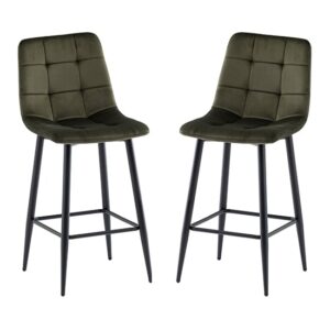 Belva Juniper Green Velvet Fabric Counter Bar Stools In Pair