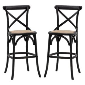 Caria Black Wooden Bar Stools With Rattan Seat In Pair