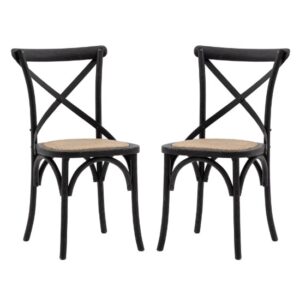 Caria Black Wooden Dining Chairs With Rattan Seat In Pair