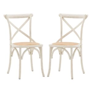 Caria White Wooden Dining Chairs With Rattan Seat In Pair