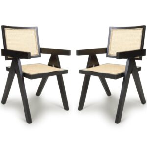 Derby Oak And Black Rattan Wooden Dining Chairs In Pair