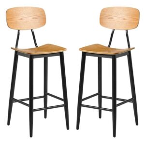 Jona Ply Oak Wooden Bar Stools In Pair