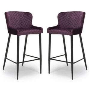 Malmo Mulberry Velvet Fabric Bar Stool With Metal Base In Pair