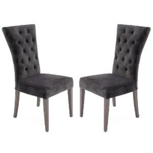 Pombo Charcoal Velvet Dining Chairs With Wooden Leg In Pair