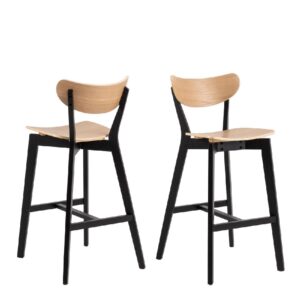 Riga Oak And Black Wooden Bar Stools In Pair