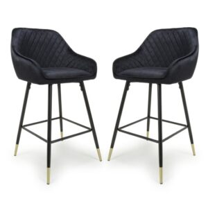 Sedona Black Velvet Bar Stools With Metal Legs In Pair