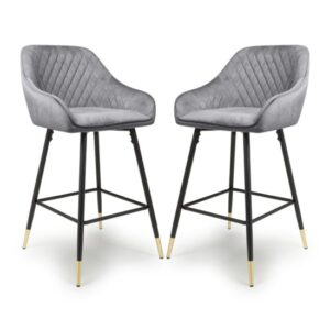 Sedona Grey Velvet Bar Stools With Metal Legs In Pair