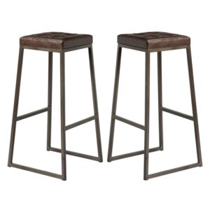 Steeple Raw Metal Frame Brown Faux Leather Bar Stools In Pair